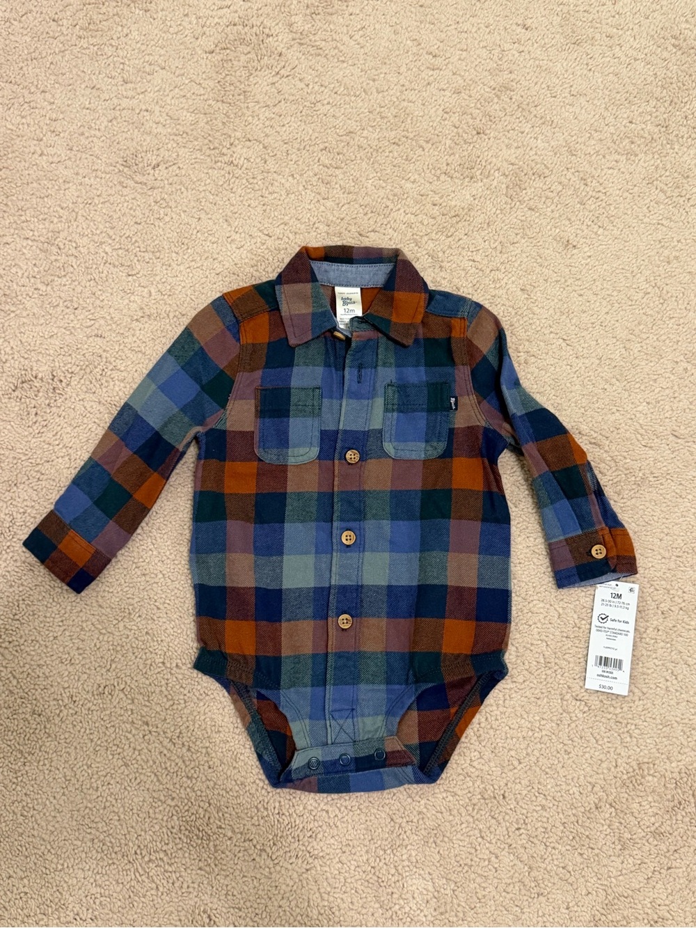 NWT - 12M - OshKosh B'gosh brown and blue plaid bodysuit
